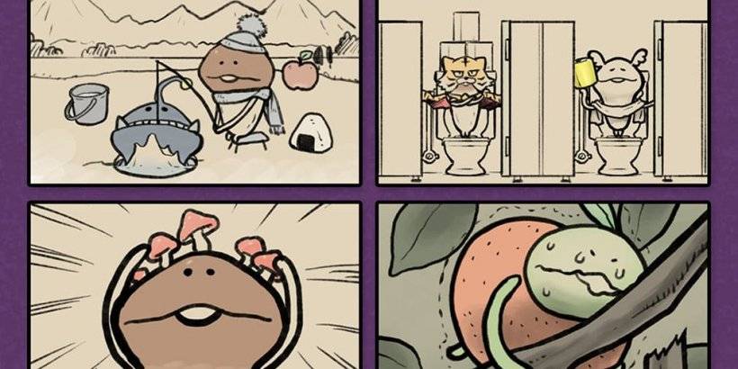 Vier Comic-Panels. Oben links: Ein Pilz versucht, einen großen Fisch durch ein kleines Eisloch zu schieben. Oben rechts: Ein Pilz sitzt auf einer öffentlichen Toilette und hält Toilettenpapier. Unten links: Ein Pilz, auf dessen Kopf kleinere Pilze wachsen. Unten rechts: Ein grüner Pilz versucht, eine Orange von einem Ast zu schlagen