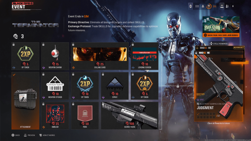 O Terminator Event Rewards, mostrando o desbloqueio completo do Mod Auto.