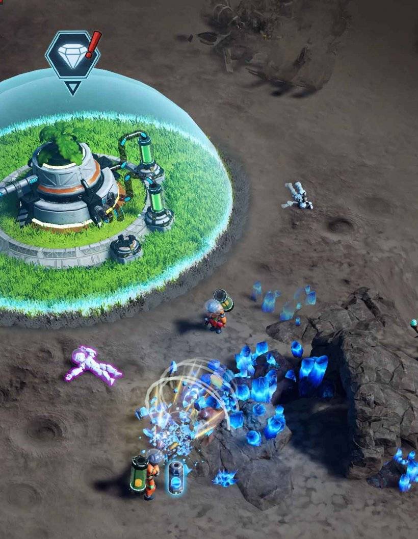 Astronauts harvesting materials on extraterrestrial terrain