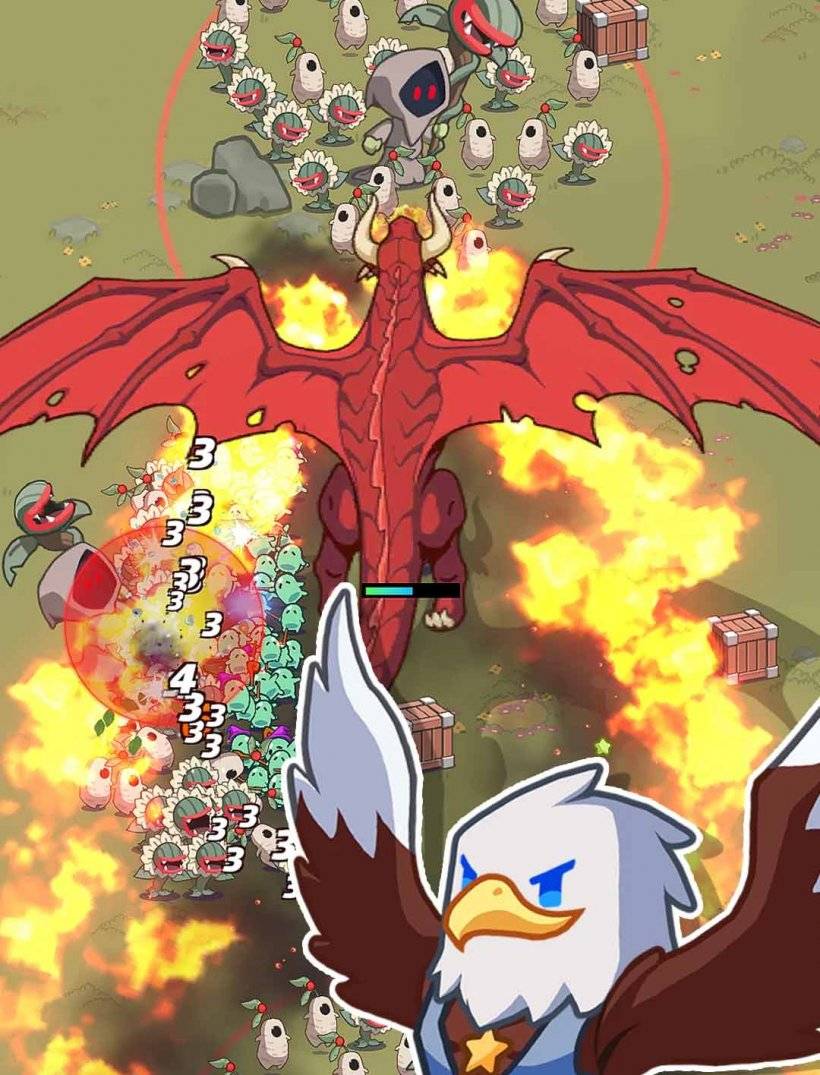 fantasy creatures battling against a massive dragon