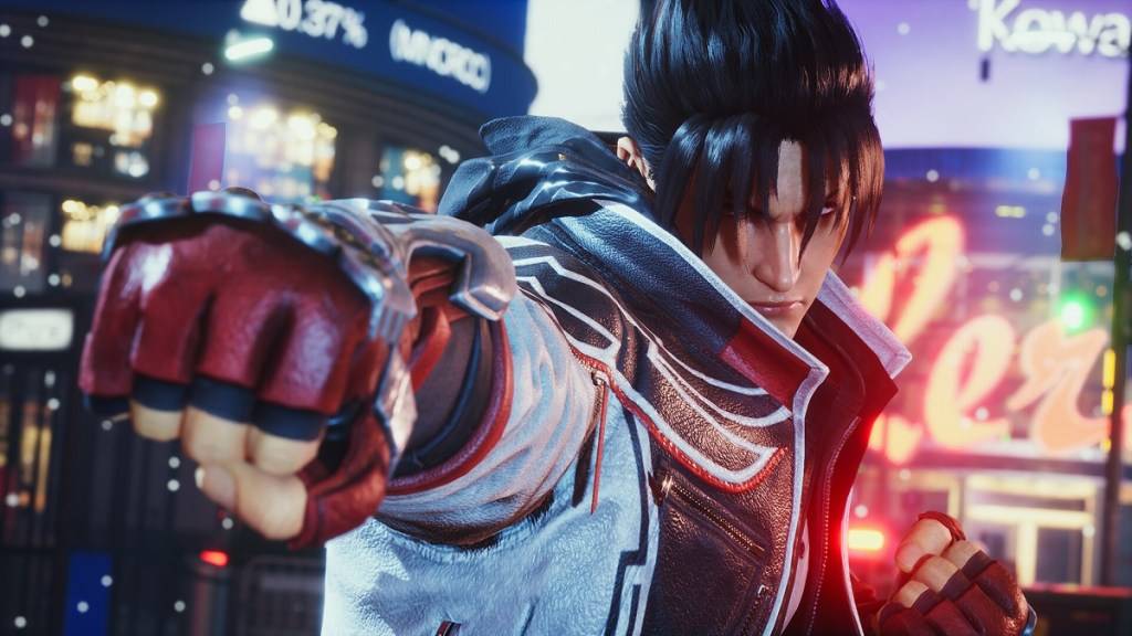 Larawan ni Jin, isang male fighter na may pulang guwantes na boksing at itim na buhok, naghahanda upang labanan sa Tekken 8.