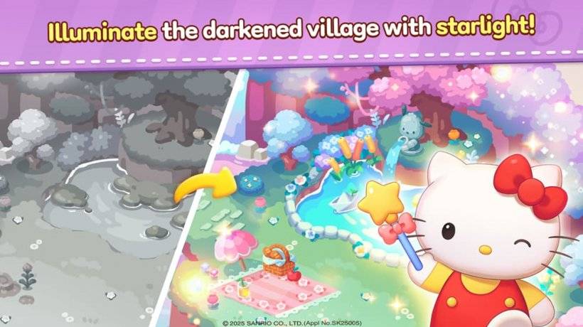 รูปภาพของ Hello Kitty โบกไม้เท้าวิเศษเหนือภูมิทัศน์ที่มีการฟื้นฟูสีให้กับมัน