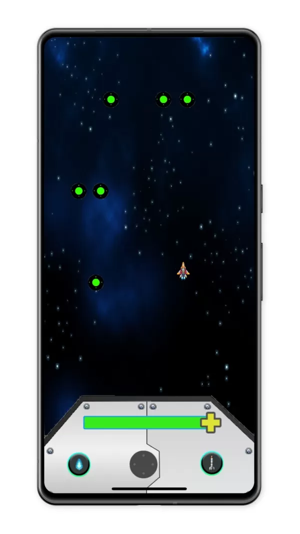 Ein Handybildschirm zeigt ein Sci-Fi-Spiel mit Arcade-Steuerungen und einem Raumschiff, das im Weltraum fliegt