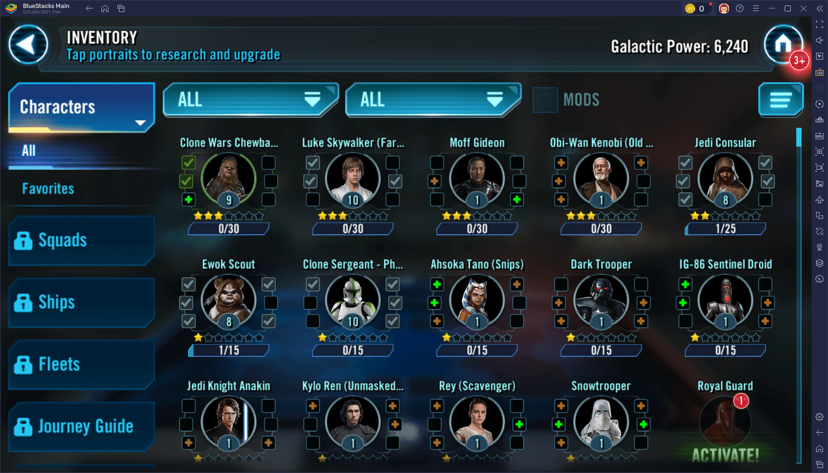 Star Wars: Galaxy of Heroes 2025 Lista de niveles - personajes de arriba e inferior